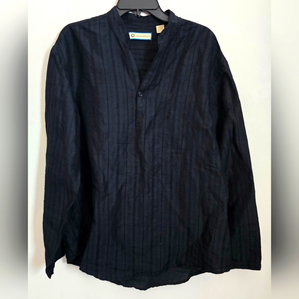 Men's Havanera Ramie Blend Long Sleeve Button Front Shirt Large Black Bohemian